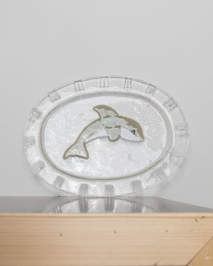 XL Murano glass serving plate oval 1980s dolphin decor Mid Century Design Italy Vintage