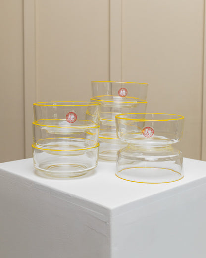 Set of 9 Empoli glass bowls 1980s clear glass with yellow rim Fratelli Buggiani Vintage