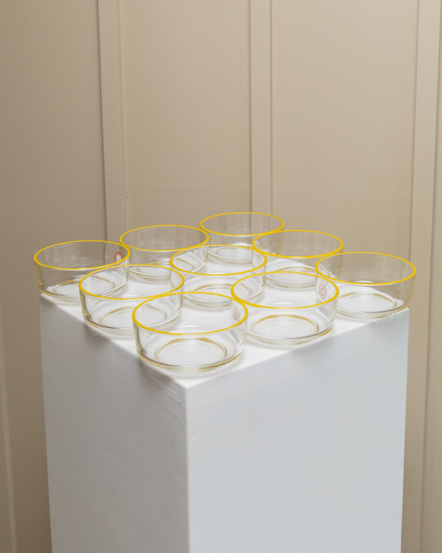 Set of 9 Empoli glass bowls 1980s clear glass with yellow rim Fratelli Buggiani Vintage