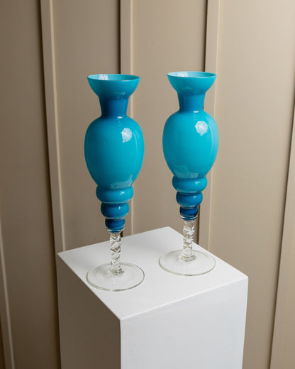 1 of 2 XL Murano Glass Vases 1960s Azure Blue Hollywood Regency Vintage