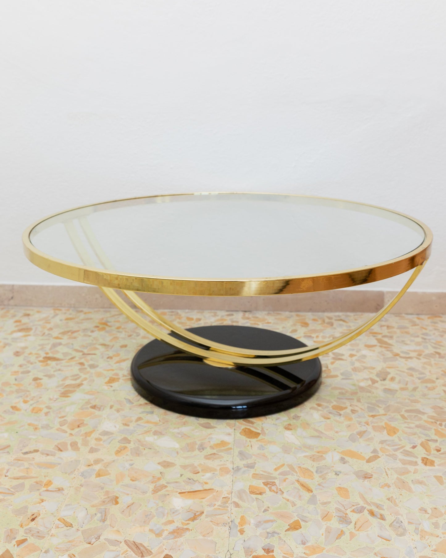 Table d'appoint verre et métal Italie années 1980 style Hollywood Regency or noir vintage