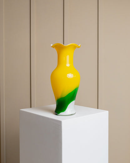 Vase Fenton en verre de Murano, multicolore jaune blanc vert, verre soufflé, Italie vintage années 1970