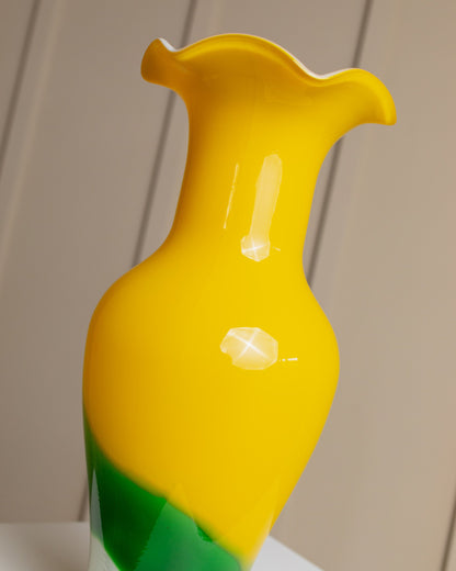 Murano-Glas-Fenton-Vase, mehrfarbig gelb weiß grün, geblasenes Glas, Italien 1970er Vintage