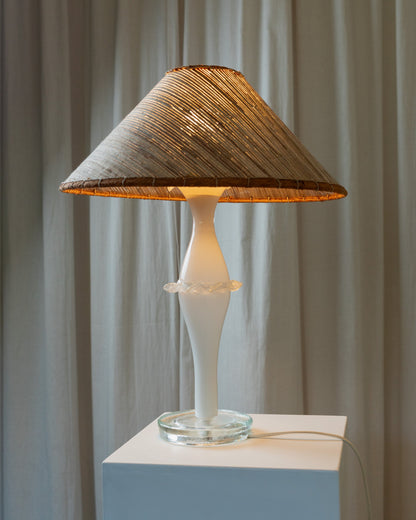 Table lamp Hollywood Regency 70s Italy, Murano glass lamp with glass fringes, elegant rattan shade vintage