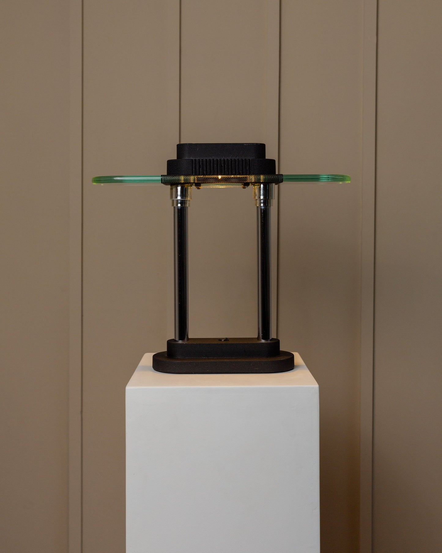 Robert Sonneman for Georges Kovacs table lamp, Memphis design 80s, black metal and glass, architectural design vintage