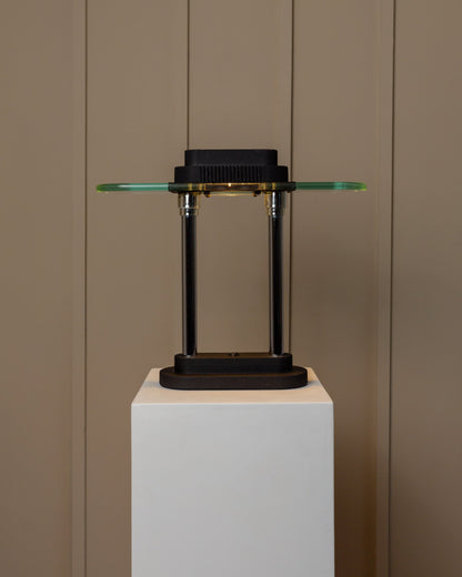 Robert Sonneman for Georges Kovacs table lamp, Memphis design 80s, black metal and glass, architectural design vintage