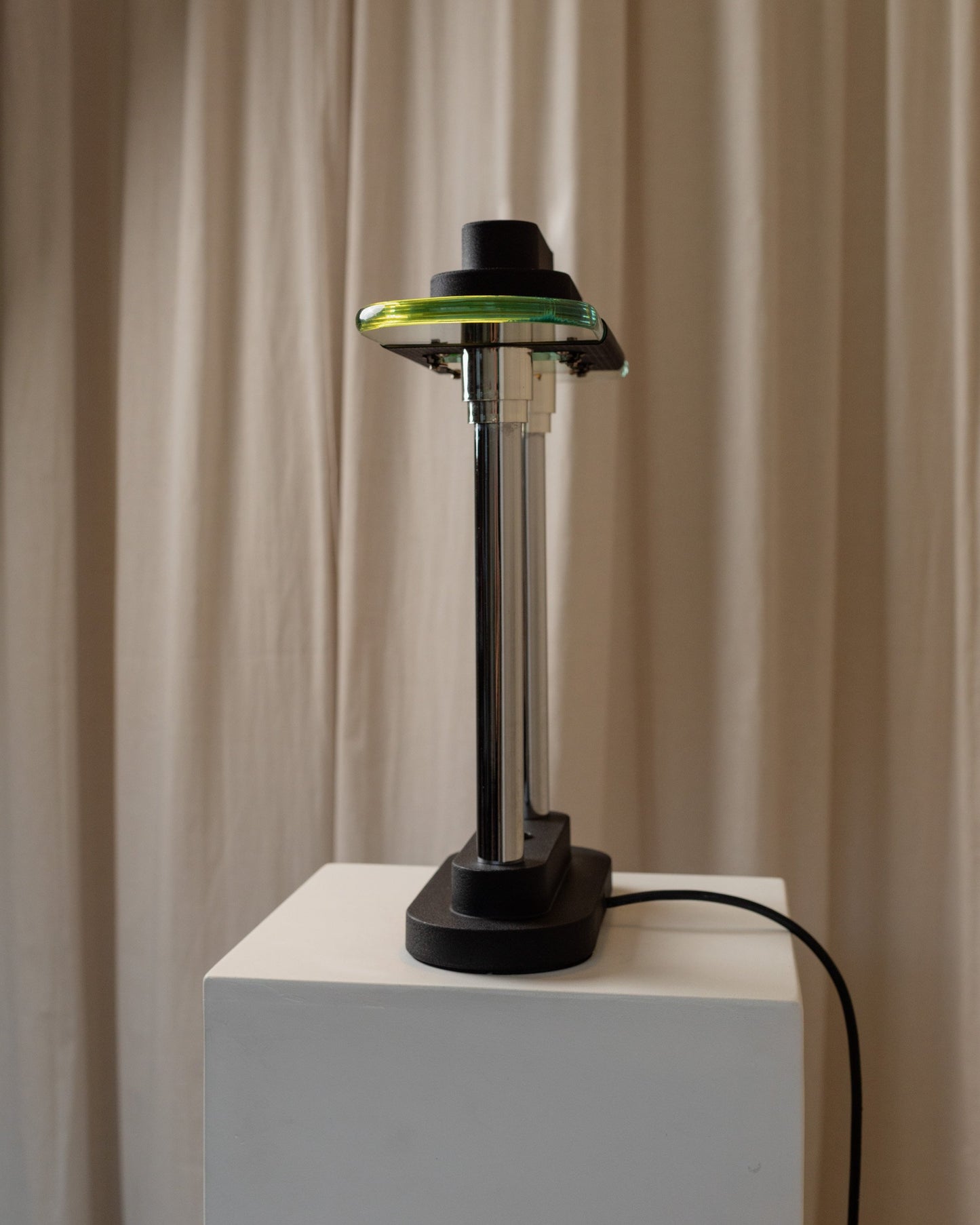 Robert Sonneman for Georges Kovacs table lamp, Memphis design 80s, black metal and glass, architectural design vintage