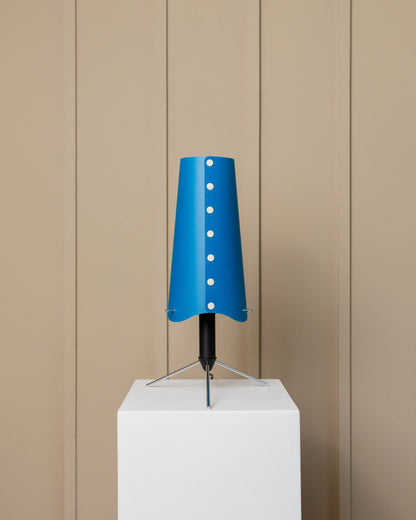 Blue table lamp in Memphis style from the 80s Italy, adjustable metal frame in black and chrome, lampshade with buttons Vintage