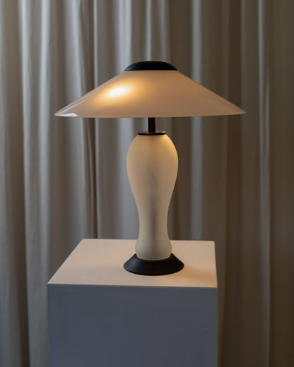 Murano glass lamp 80s Memphis style, white glass and frosted glass, black metal details Vintage