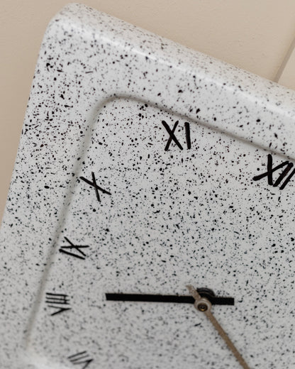 Ceramic wall clock 1970s Italy - Memphis style with Roman numerals, black and white speckles, square vintage