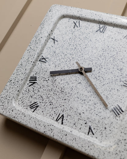 Ceramic wall clock 1970s Italy - Memphis style with Roman numerals, black and white speckles, square vintage