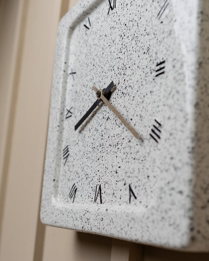 Ceramic wall clock 1970s Italy - Memphis style with Roman numerals, black and white speckles, square vintage