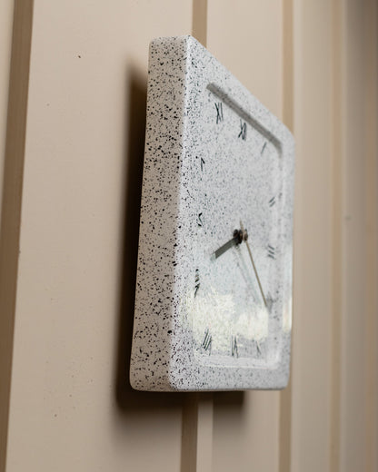 Ceramic wall clock 1970s Italy - Memphis style with Roman numerals, black and white speckles, square vintage