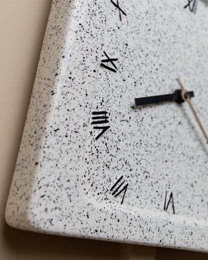 Ceramic wall clock 1970s Italy - Memphis style with Roman numerals, black and white speckles, square vintage