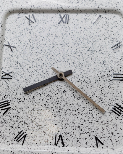 Ceramic wall clock 1970s Italy - Memphis style with Roman numerals, black and white speckles, square vintage