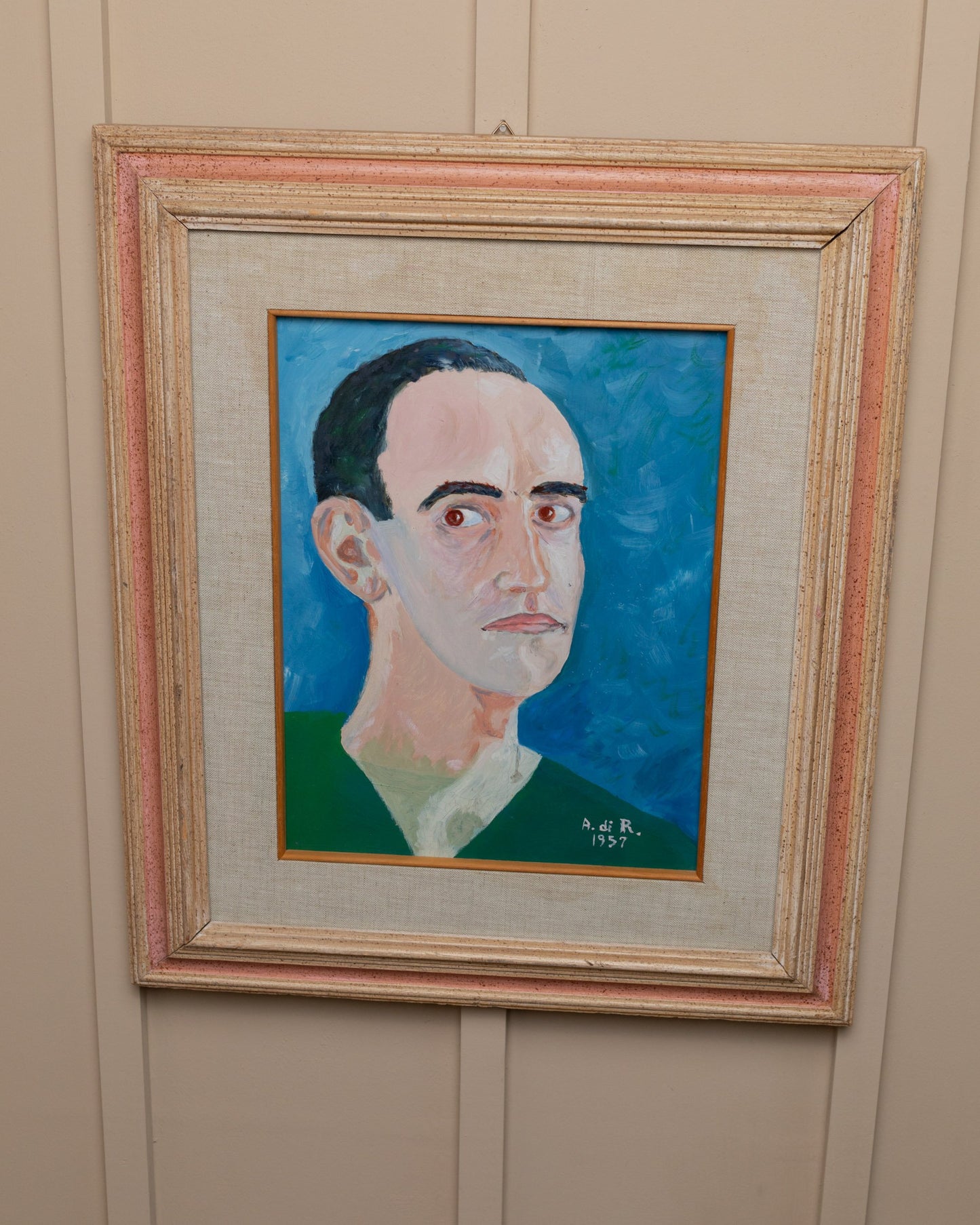 Originalgemälde Einzelstück Italien 1957 - Acryl auf Holz - Originaler Holzrahmen - Naive Kunst Portrait Vintage