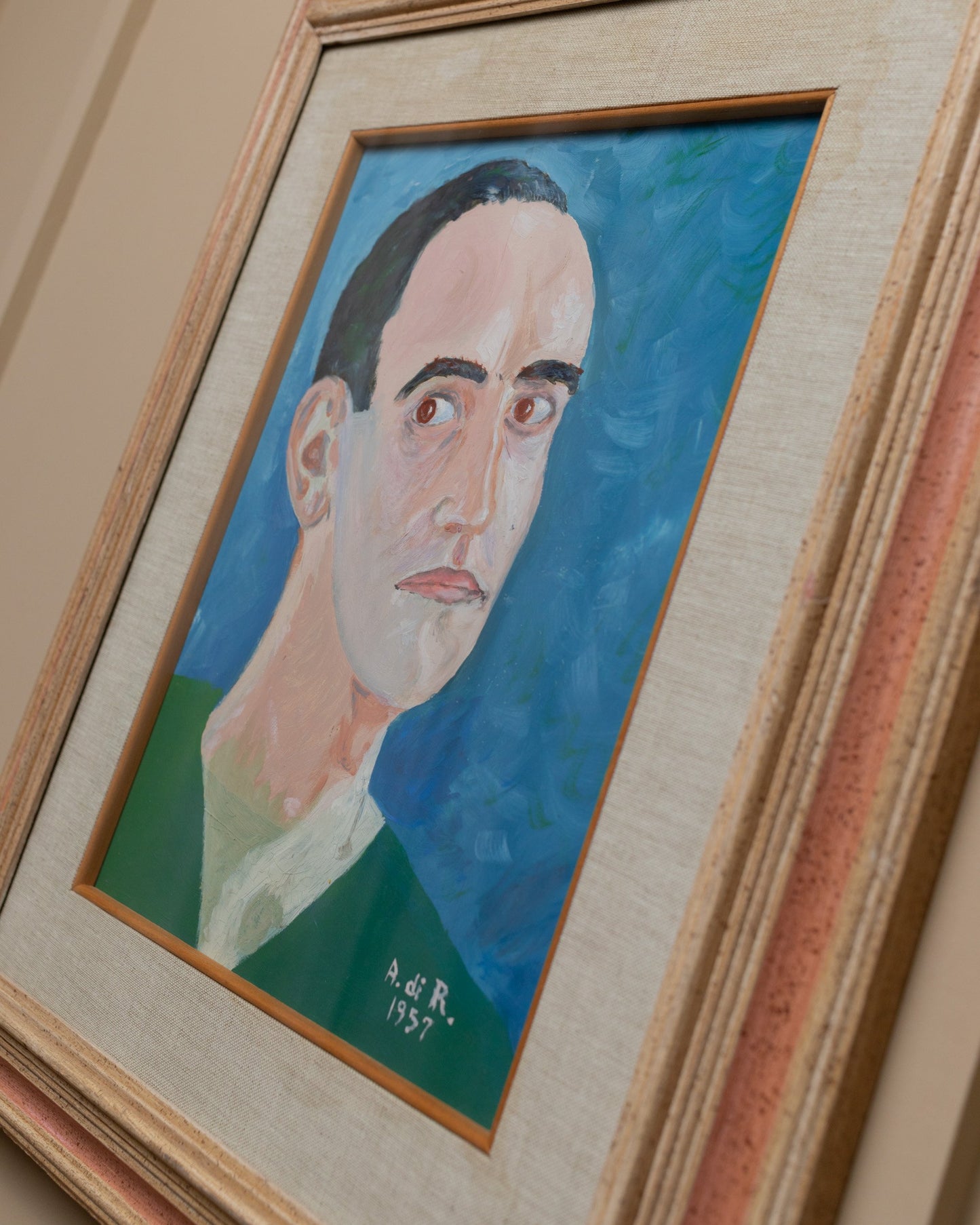 Original painting unique piece Italy 1957 - Acrylic on wood - Original wooden frame - Naive art portrait vintage