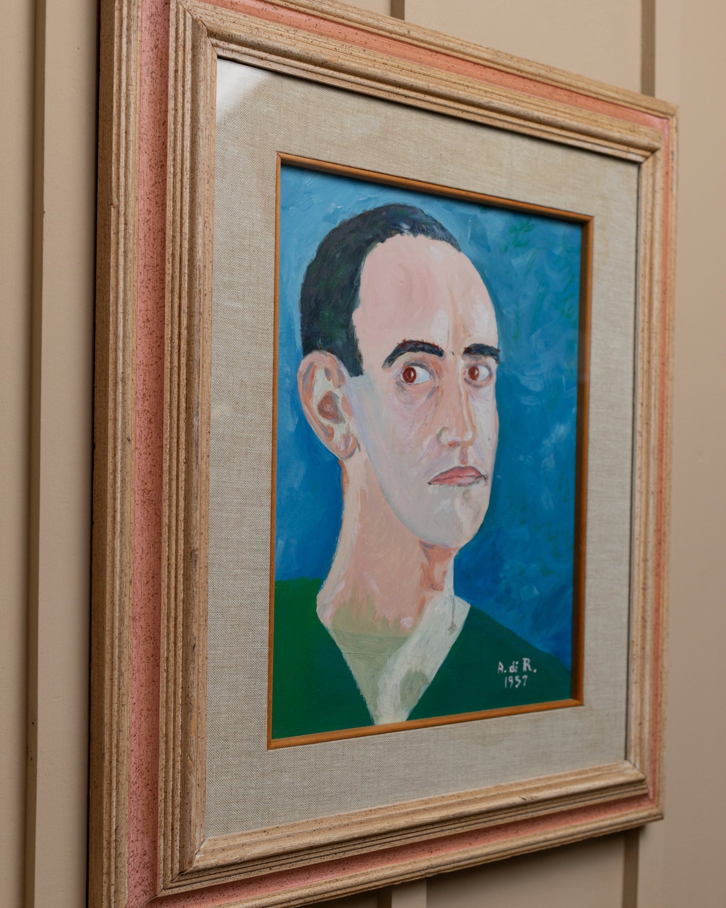 Original painting unique piece Italy 1957 - Acrylic on wood - Original wooden frame - Naive art portrait vintage