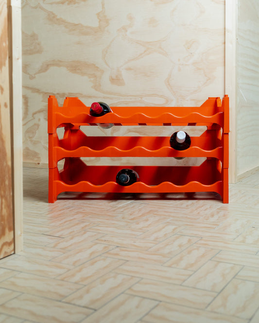 3 modules of a mid-century wine rack in orange-red, from Italy 70s modular and expandable, storage bottles vintage