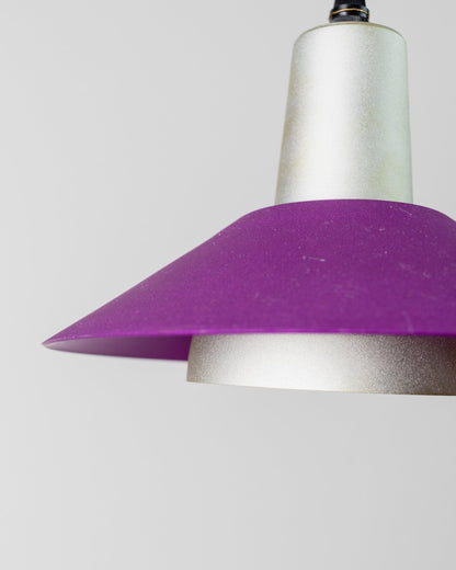 Retro Metall-Deckenlampe – 1980er Postmoderne Memphis-Stil, Lila, Silber, Grün, Gestreiftes Kabel, Pop-Art-Interieur, Vintage Beleuchtung, Vintage