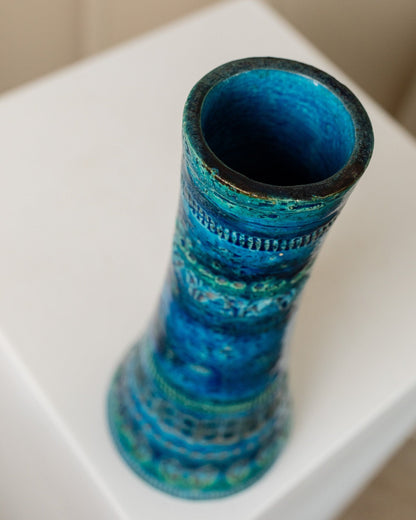 Ceramic vase Rimini Blu by Aldo Londi for Bitossi - 1960s Italy - gradient glaze blue, turquoise, retro gift, relief pattern vintage