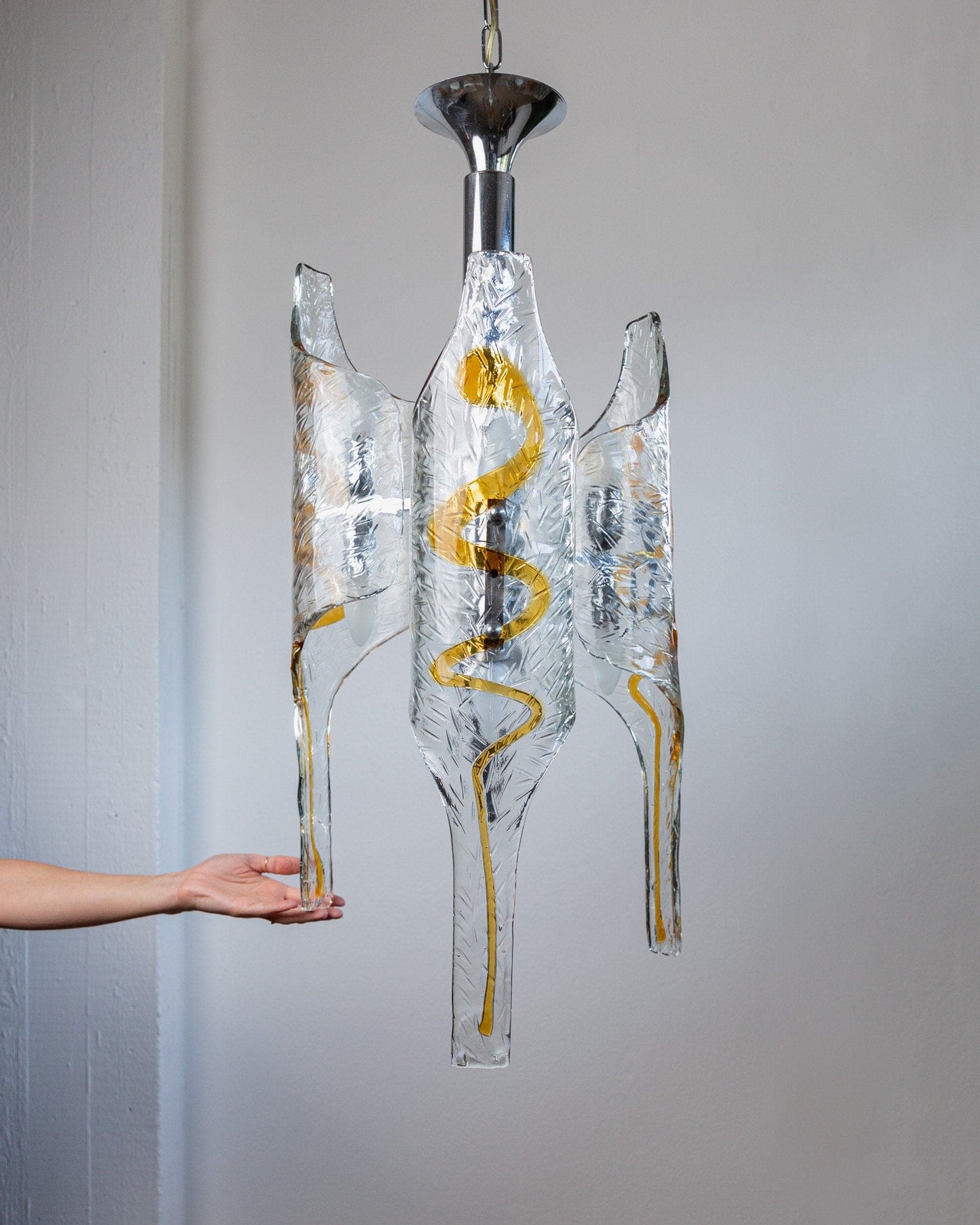 XXL Murano glass chandelier by Toni Zuccheri for Mazzega - Italy 1970s - clear, amber glass, chrome - MCM ceiling lamp vintage