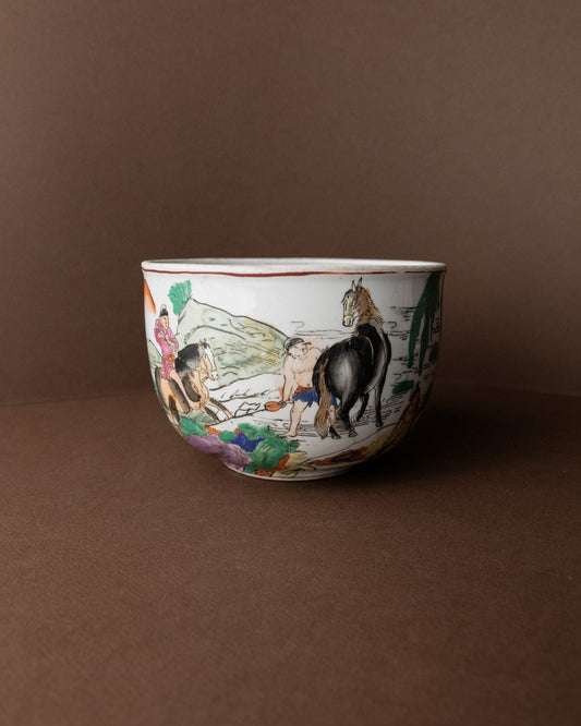 Vase à fleurs vintage motif chinois figures de chevaux peintes à la main Chine années 1950