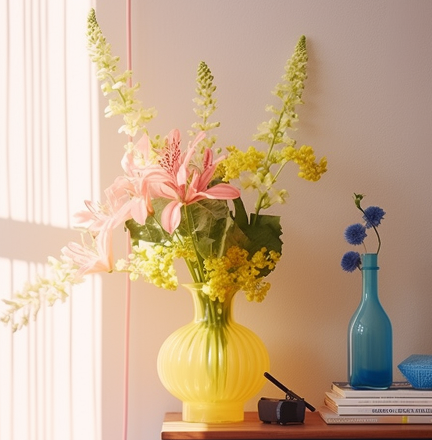 Wildblumenstrauß in gelber Design-Vase in stilvoller Dekoration