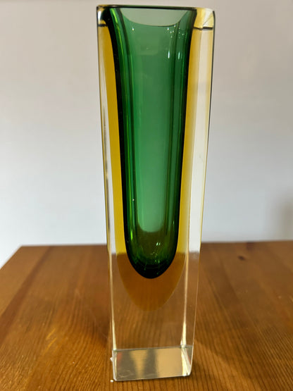 Murano glass vase green-yellow vintage purple and summerso by Flavio Poli, 1970s