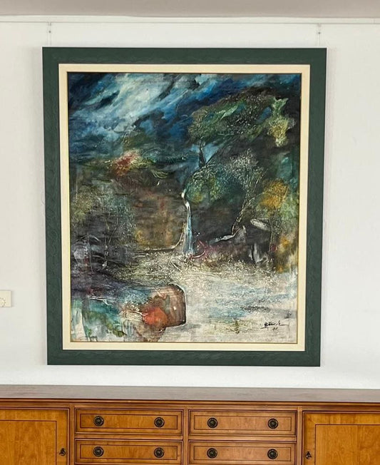 Original Gemälde Badugoda Hewa Premadasa Silva (BADU) "Tropical Waterfall" Öl, Acryl auf Leinwand 1995, Give