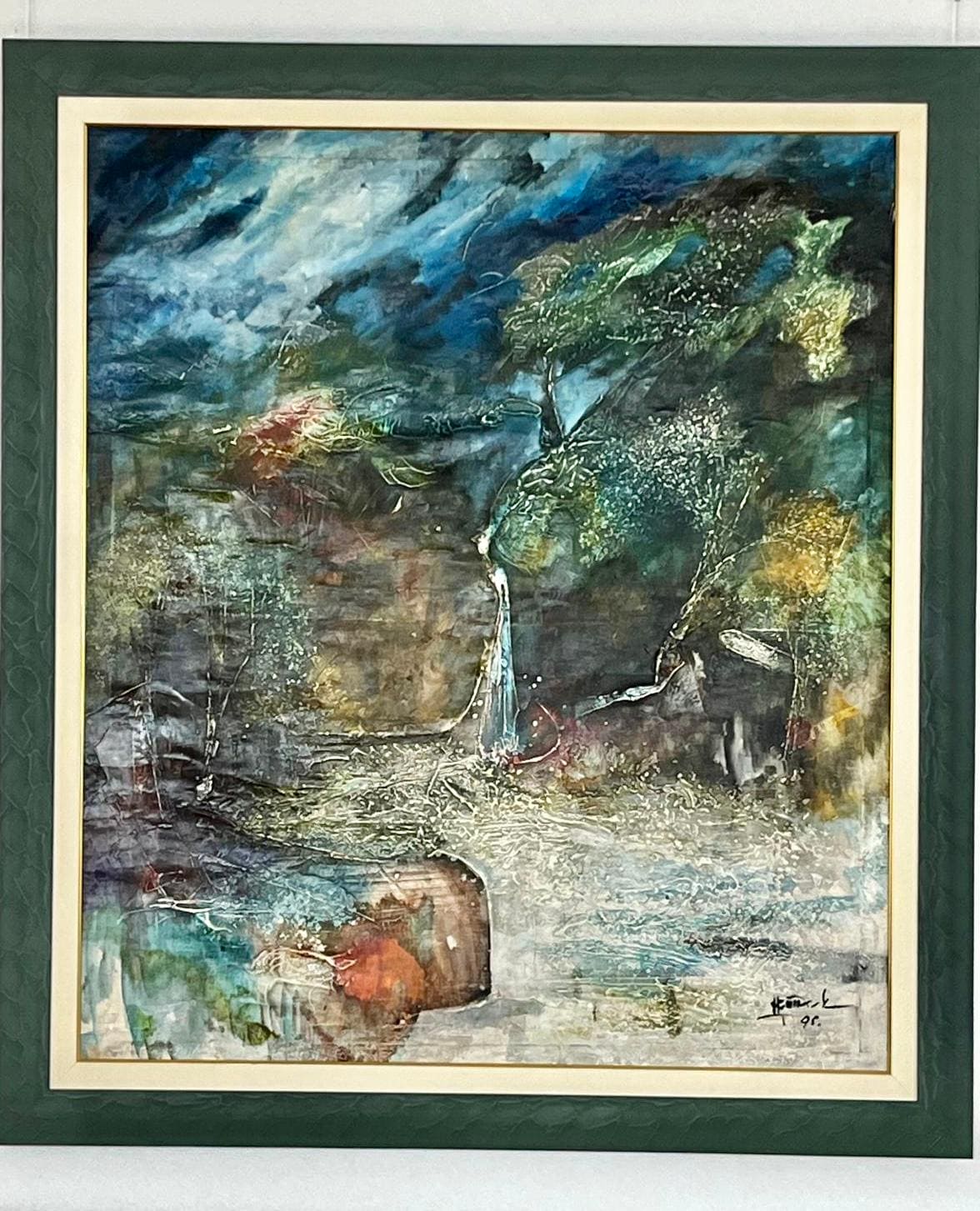 Original painting Badugoda Hewa Premadasa Silva (BADU) "Tropical Waterfall" Oil, acrylic on canvas 1995, Give