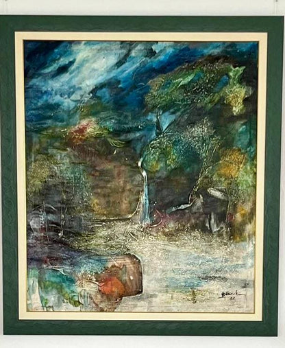 Original painting Badugoda Hewa Premadasa Silva (BADU) "Tropical Waterfall" Oil, acrylic on canvas 1995, Give