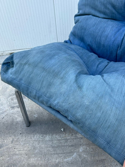 Set of 2 Mid-Century Modern Blue "Denim" Lounge Chairs, Cotton Fabric and Chromed Tubular Steel Frame, Austria 1980s Vintage