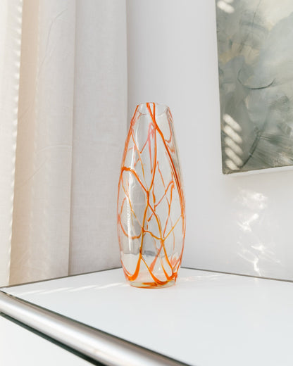 Vase en verre soufflé de Murano Verre clair soufflé à la main et orange Design du milieu du siècle Italie Années 1960 vintage