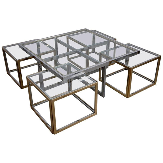 Large brass and chrome coffee table with small tables by Maison Charles, 1960s, set of 5 vintage