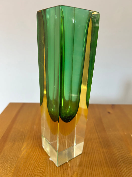 Murano glass vase green-yellow vintage purple and summerso by Flavio Poli, 1970s