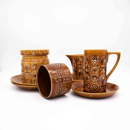 Frühstücks Set von Portmeirion "Totem", Tasse Milchkännchen und Zuckerdose, Vorderseite