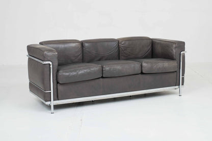 Cassina LC2 3-seater sofa by Le Corbusier in grey natural leather Vintage