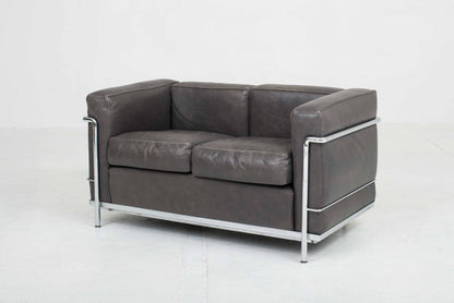 Cassina LC2 2-seater sofa by Le Corbusier in grey natural leather Vintage