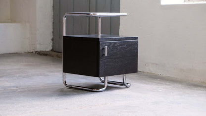 Table de chevet Bauhaus en noir avec tube d'acier chromé