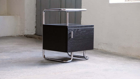 Bauhaus bedside table in black with chrome-plated steel tube