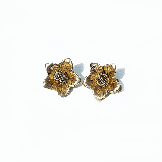 Flowers II Earrings: Vintage Flower Earclips in Gold