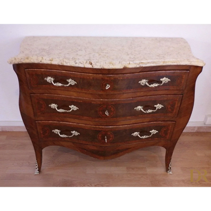 Vintage 3-drawer chest of drawers in Louis XV style with restored Bois de Rose inlay