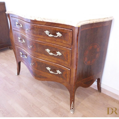 Vintage 3-drawer chest of drawers in Louis XV style with restored Bois de Rose inlay