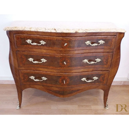 Vintage 3-drawer chest of drawers in Louis XV style with restored Bois de Rose inlay