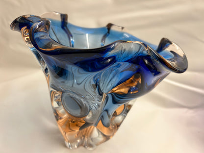 Bohemian vase, gradient amber to blue, solid glass, 1970ies