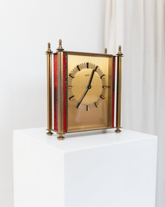 Atlanta Desk Clock Brass Standing Clock with Red Details 1970s Vintage