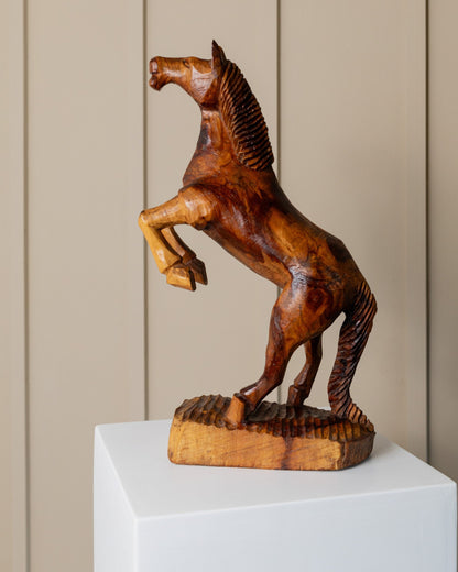 60s wooden horse sculpture, XXL carved rising stallion figure, modern mid-century decoration, gift for him vintage