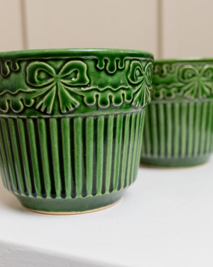 Set of 2 bay ceramic flowerpots model 603-14 green wave and flower relief West Germany 1980s vintage