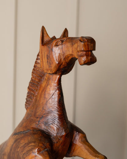 60s wooden horse sculpture, XXL carved rising stallion figure, modern mid-century decoration, gift for him vintage